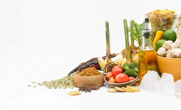 Group of indian spices and herbs on white background, normal vie