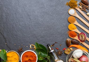 Mixed spices and herbs on background.