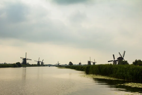 Ветряные мельницы на реке — стоковое фото