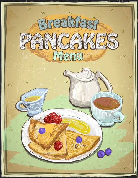 Menú de desayuno elaborado a mano con panqueques, bayas, taza de té y miel — Vector de stock