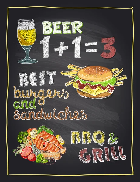 Menu dessiné à la main avec bière, hamburger et poisson grillé — Image vectorielle