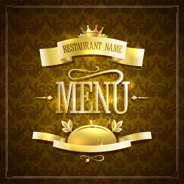 Diseño de menú de restaurante de estilo vintage con cintas doradas sobre fondo marrón — Vector de stock