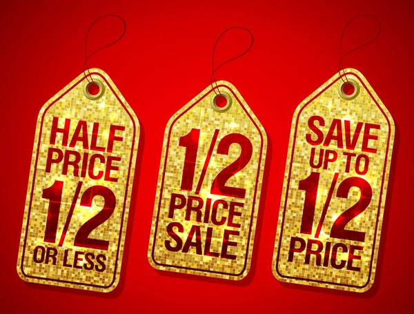 Half price sale, 1 / 2 price save, advertising sale golden labels set — стоковый вектор