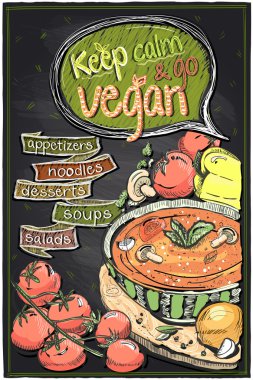 Sakin ve git vegan çorba ve siste kara tahta menüsüyle tutmak