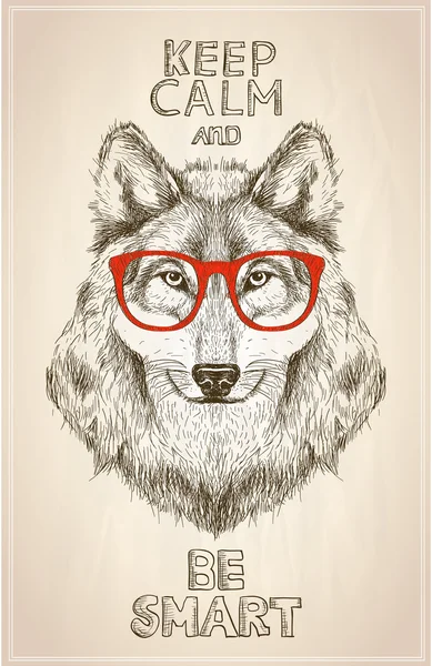 Hipster-Wolf-Porträt mit Brille, handgezeichnete grafische Illustration — Stockvektor