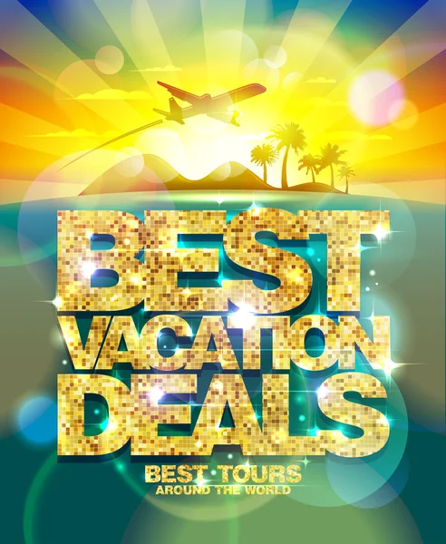 Melhores ofertas de férias cartaz, design de publicidade simular com título dourado —  Vetores de Stock