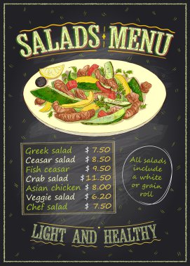 Salata yemek listesi liste kara tahta tasarım sebze ve et salatası ile