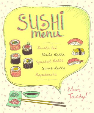 Sushi menü listesi tasarımı, el çizilmiş vektör 