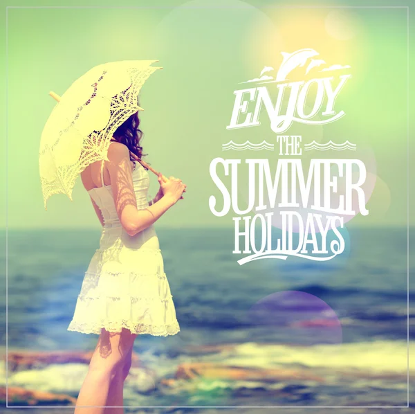 Enjoy the summer holidays quote card with girl in white dress with lacy umbrella