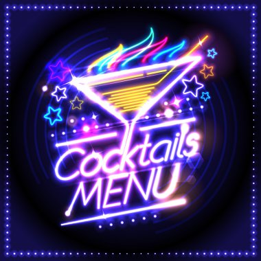 Kokteyl menü kart tasarımı, neon ışıkları stili