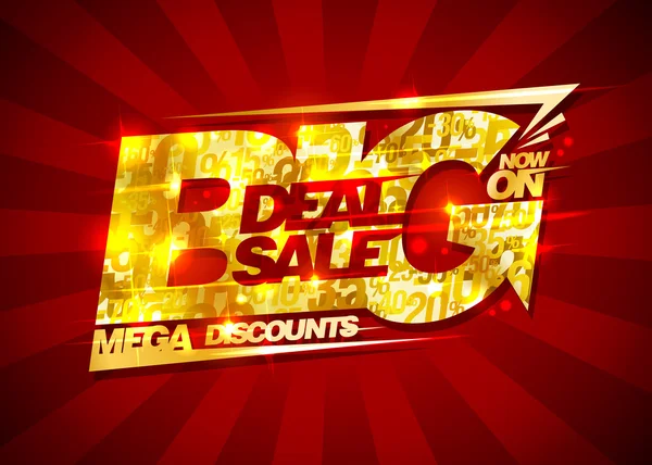 Big Deal Sale, Mega-Rabatte, reiche goldene Banner mit Strahlen — Stockvektor