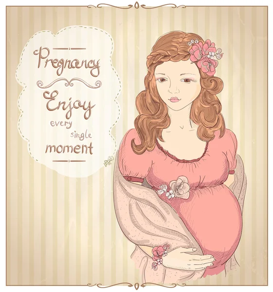 Vintage style graphic portrait of a pregnant woman, quotes card. — Stock Vector