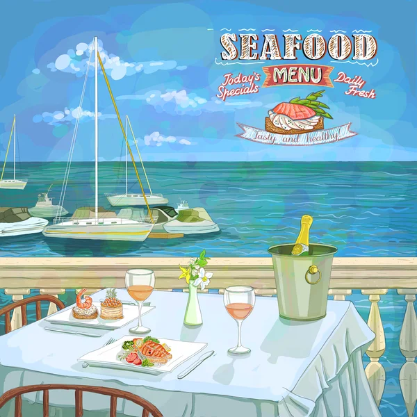 Морепродукти меню рука намальована ілюстрація, подається ресторанний стіл на двох на морському пляжі — стоковий вектор