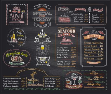 Menü listesi yazı tahtası tasarımları kafe ya da Restoran için ayarlanan tebeşir