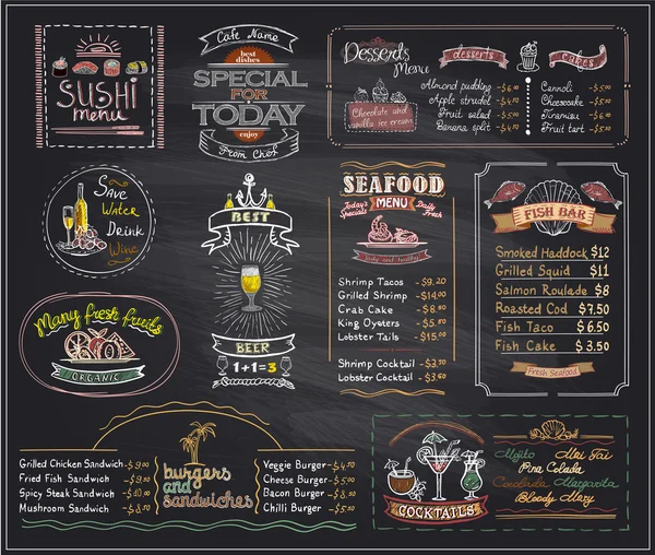 Krijt menu lijst krijtbord ontwerpen voor café of restaurant instellen — Stockvector