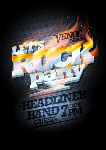 Rock Party Plakatentwurf Attrappe, brennende Metallschlagzeile — Stockvektor