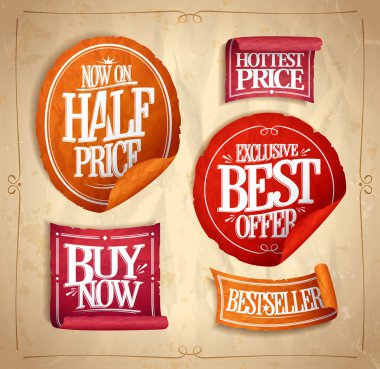 Yarı fiyatına Kaydet, özel en iyi teklif, en iyi fiyat, şimdi al, bestselller, promosyon satış etiketleri ayarla