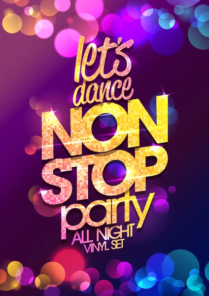 Let 's Dance Non-Stop-Party die ganze Nacht Vektor Poster-Design mit schicken goldenen Kristallen Blendung Schlagzeile — Stockvektor