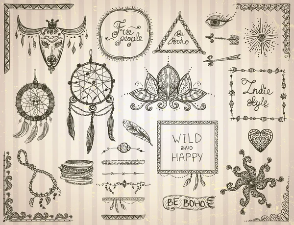 Elementos de boceto dibujados a mano en estilo boho, hippie, estilo indie, plantillas de tatuaje — Archivo Imágenes Vectoriales