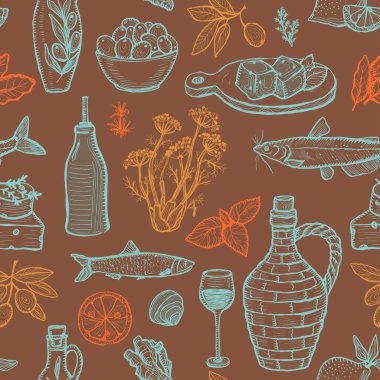 Akdeniz geleneksel gıdalarıyla kusursuz grafik vektör deseni - zeytin yağı, sebze, peynir, şifalı otlar ve deniz ürünleri