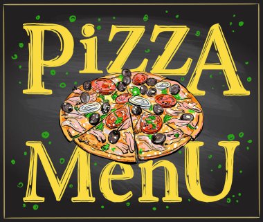 Pizza menüsü tüm pizza resimleriyle kara tahta görüntüsü