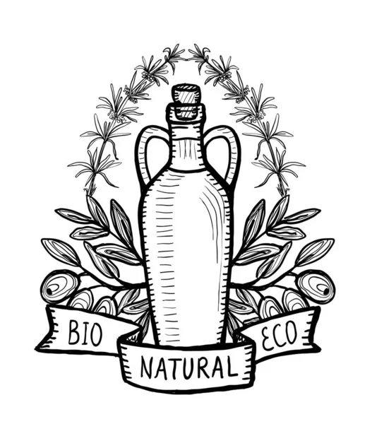 橄榄油标识 手工绘制的矢量标识 带有橄榄油瓶 橄榄束 迷迭香和丝带 老式图形符号 — 图库矢量图片