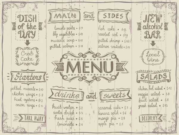 Menú Lista Diseño Tablero Estilo Antiguo Para Cafetería Restaurante Principal — Vector de stock