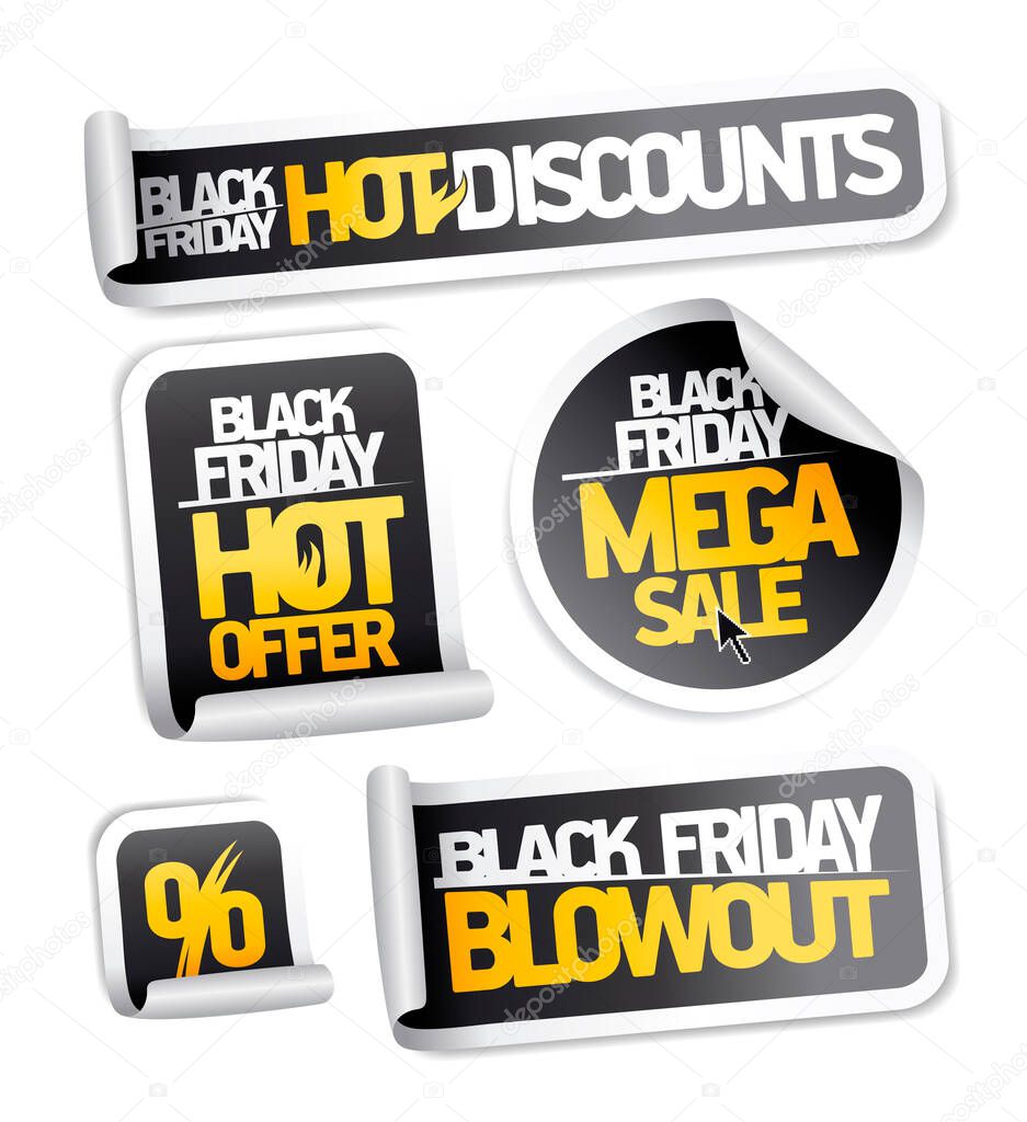 Black friday sale vector stickers set - hot discounts, mega sale, hot offer, blowout