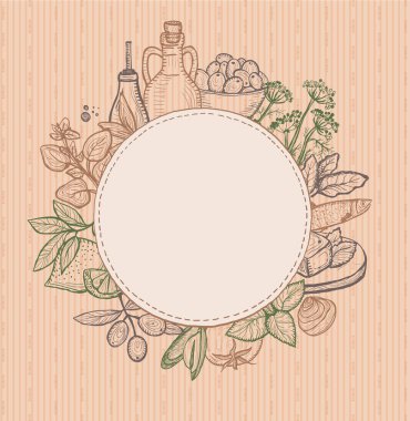 Akdeniz geleneksel gıda malzemelerini içeren grafiksel çerçeve - zeytin yağı, sebze, peynir, şifalı otlar ve deniz ürünleri