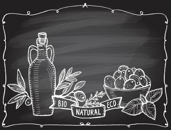 在黑板上用橄榄油瓶和碗里的新鲜橄榄作图形化的矢量图解 用古老的框架种植新鲜的静坐生活 并复制文字空间 — 图库矢量图片