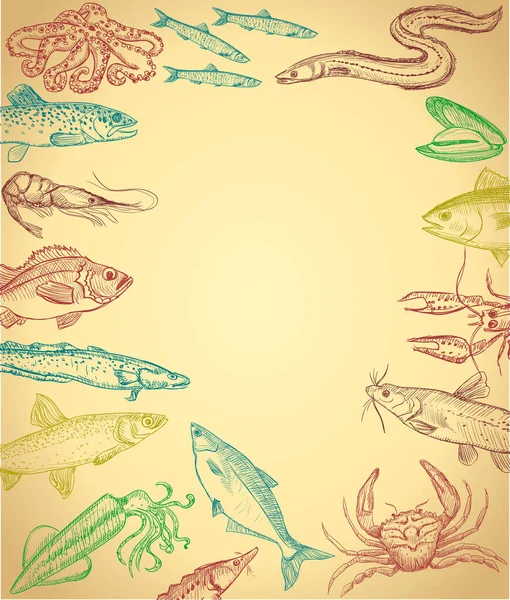 Cadre Poisson Fruits Mer Sur Papier Illustration Graphique Dessinée Main — Image vectorielle