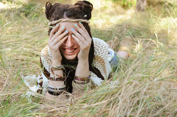 Joyful Indie Style Woman Dreadlocks Hairstyle Have Fun Closing Her — Stock Photo, Image