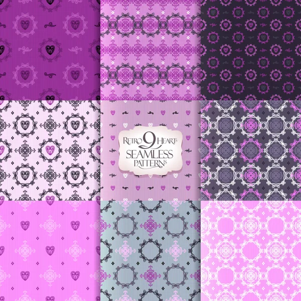 ハートとカールを持つシームレスな装飾パターンのセット ベクトルの背景コレクション かなりピンクと紫の色 — ストックベクタ