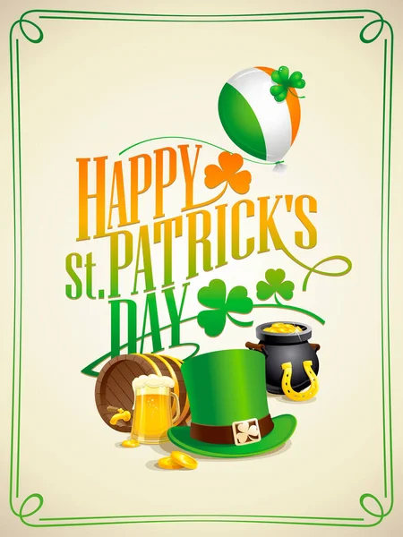 Happy Patrick Day Ansichtkaart Ontwerp Met Klassieke Vakantie Symbolen — Stockvector