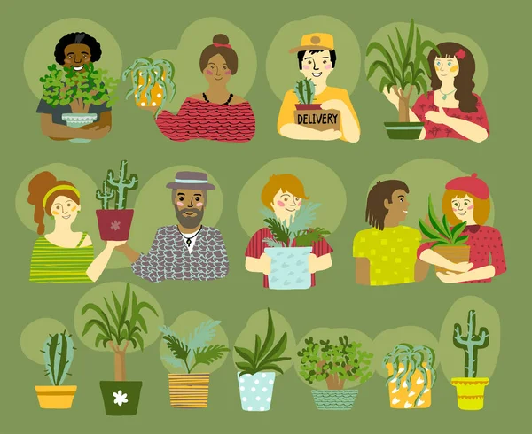 Groupe Personnes Joyeuses Multiethniques Avec Plantes Intérieur Ensemble Illustrations Vectorielles — Image vectorielle