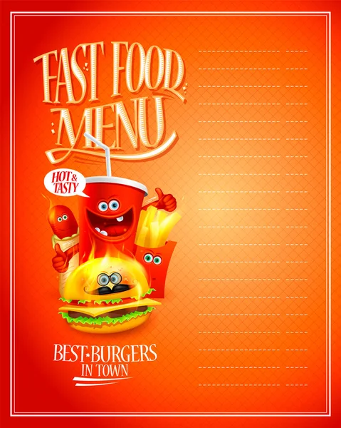 Fast Food Menu Seznam Design Šablona Karikaturou Hot Dog Burger — Stockový vektor