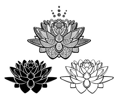 Lotus çiçekleri vektör illüstrasyonu, dövme sanatı siyah beyaz set