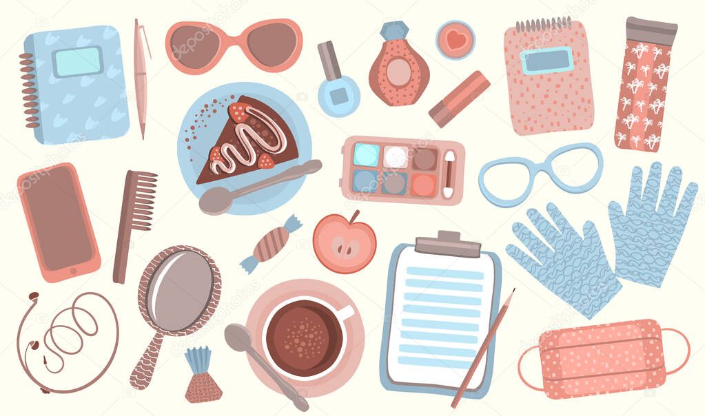 Hand drawn fashion set of women's accessories, cosmetics, sweets, gadgets, etc. Vector illustration with gloves, make up tools, glasses, face mask, phone, coffee, cake, etc.