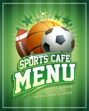 Futbol, basketbol ve ragbi toplarıyla spor kafe menü vektör şablonu