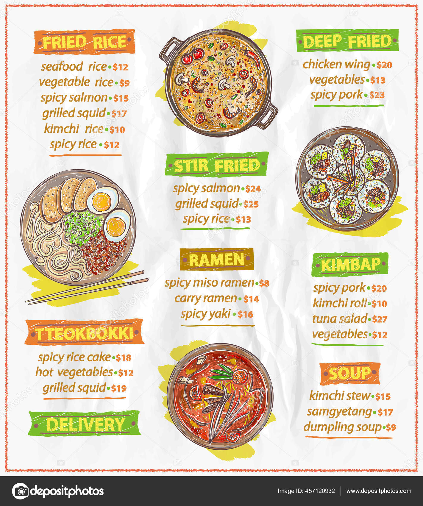 Hand Drawn Vector Asian Food Menu List Ramen Kimbap Fried Stock Vector
