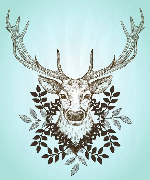 Portrait Cerf Mâle Vue Face Couronne Feuilles Décorées Illustration Graphique — Photo