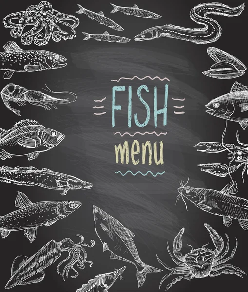 Speisekarte Mit Fisch Und Meeresfrüchten Handgezeichnete Grafische Illustration Gerasterte Version — Stockfoto