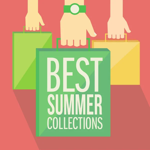 Beste Zomer Collecties Vlakke Stijl Banner Design Handen Met Papieren — Stockvector