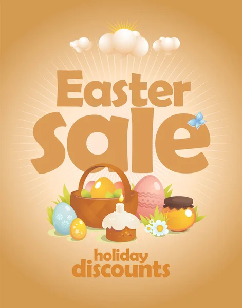 Easter Sale Banner Design Traditional Easter Food Basket Colored Eggs — Stock Photo, Image