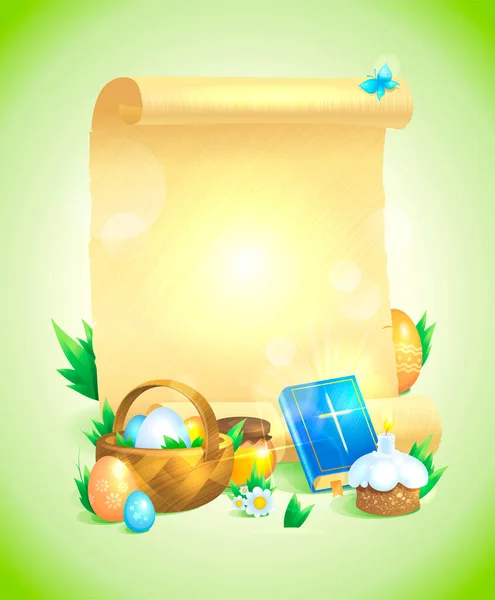 Easter Mockup Empty Paper Roll Bible Basket Colored Eggs Pastry — Stock Photo, Image