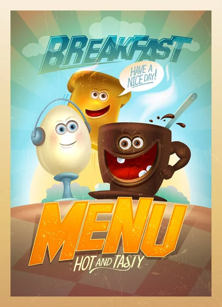 Frühstückskartenvorlage Alten Stil Mit Lustigen Essensfiguren Toast Und Tasse Kaffee — Stockvektor
