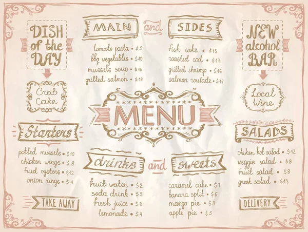 Menu Design Vectoriel Carte Ancienne Pour Café Restaurant Principaux Côtés — Image vectorielle