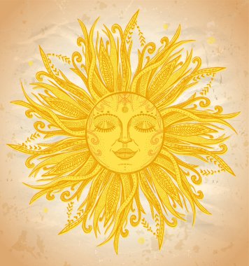 Altın güneş sanat sembolü, el çizimi vektör illüstrasyonu