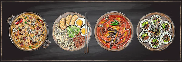 Ramen Kimbap Gebratener Reis Und Suppe Mit Kreide Gezeichnete Vektorillustration — Stockvektor
