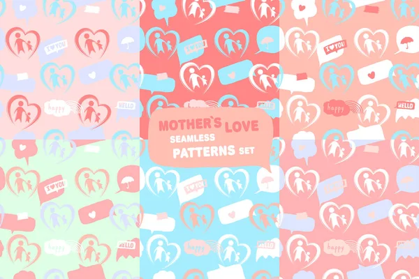 Mother Love Seamless Patterns Set Hearts Parent Child Backgrounds Collection — Stock Vector